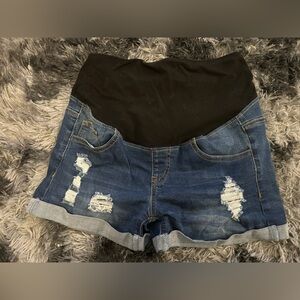 Denim Maternity Shorts with Black Waistband